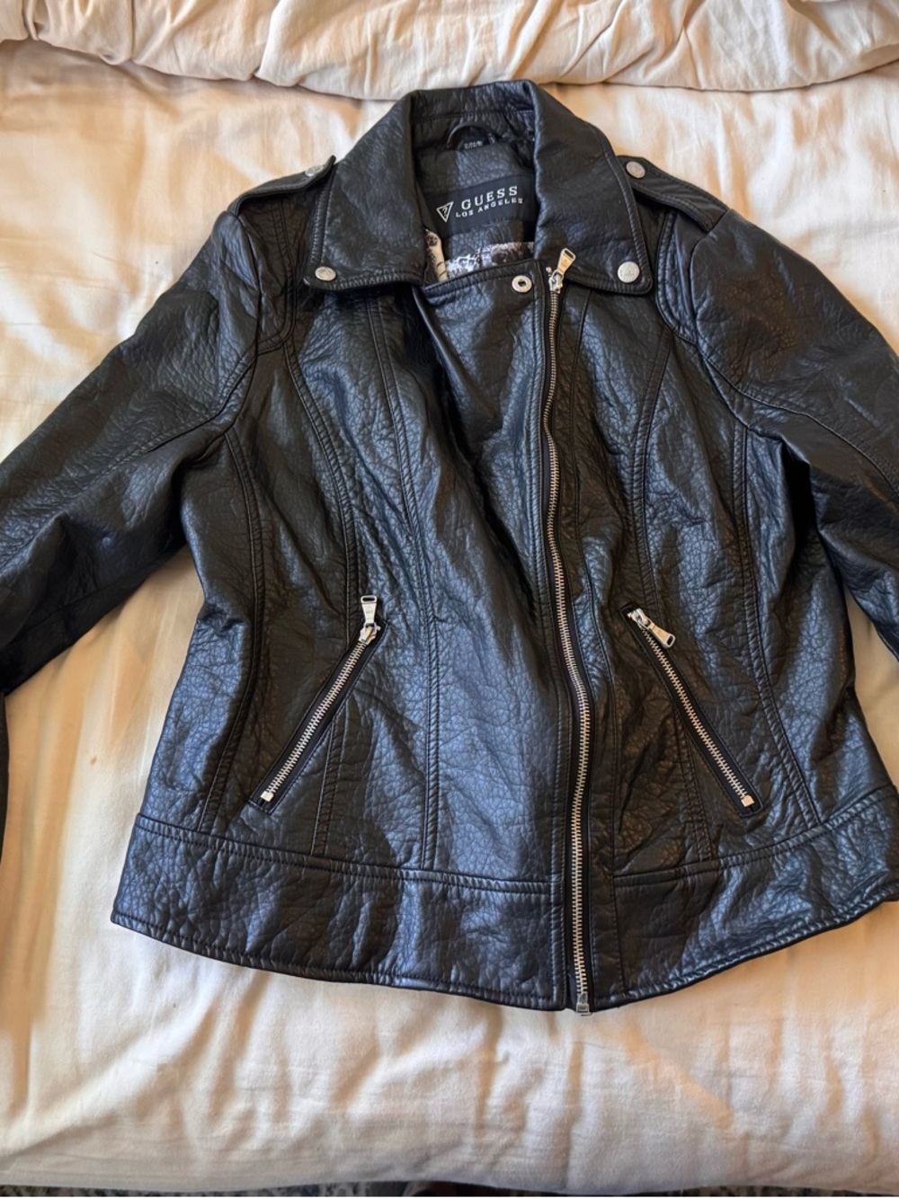 GUESS Black Faux Leather Moto Jacket with Silver Hardware